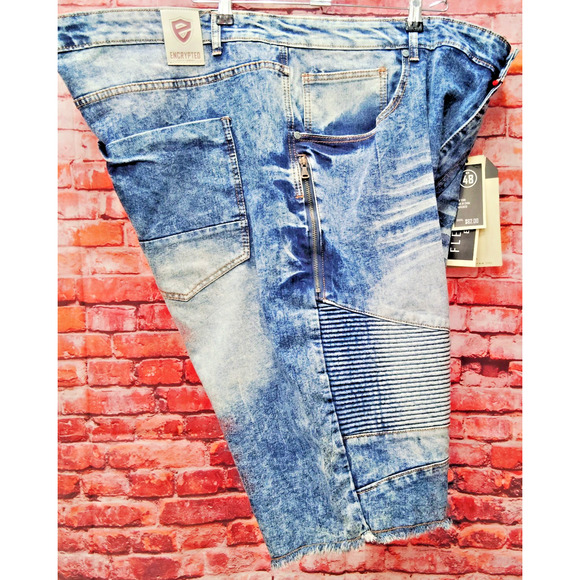 Encrypted Shorts Mens 42 Blue Denim Stretch Raw Hem Mineral Wash Casual Preppy - Picture 1 of 7